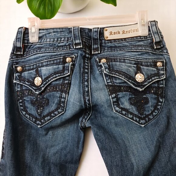 Rock Revival Heather Boot Cut Jeans Size 27 Y2K Sequin Back Pockets Fleur-de-Lis - Picture 5 of 16
